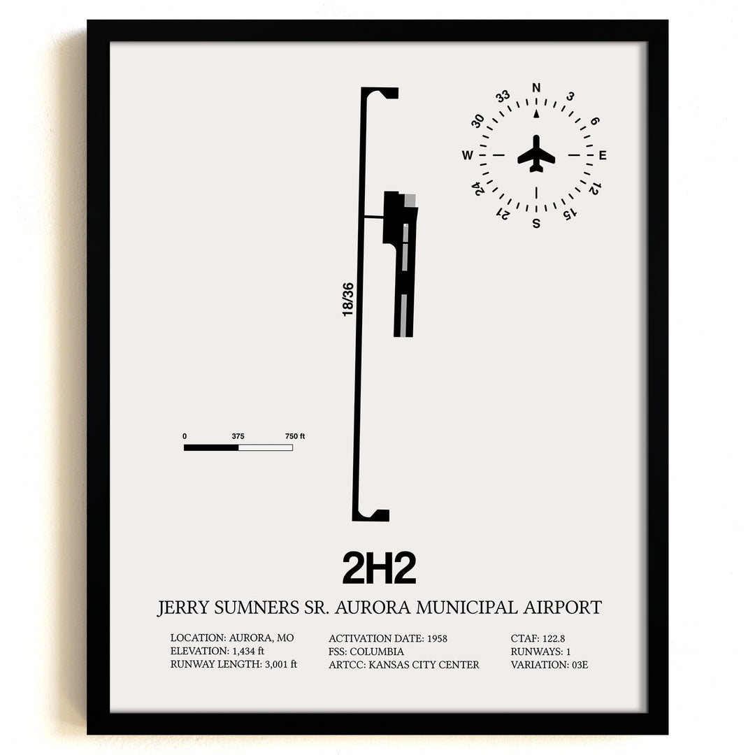 Framed Detailed Airport Map of Jerry Sumners Sr. Aurora Municipal Airport (2H2) in White with a Black Frame