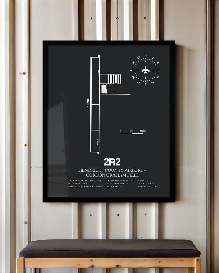 Framed Detailed Airport Map of Hendricks County Airport-Gordon Graham Field (2R2) in Gray with a Black Frame
