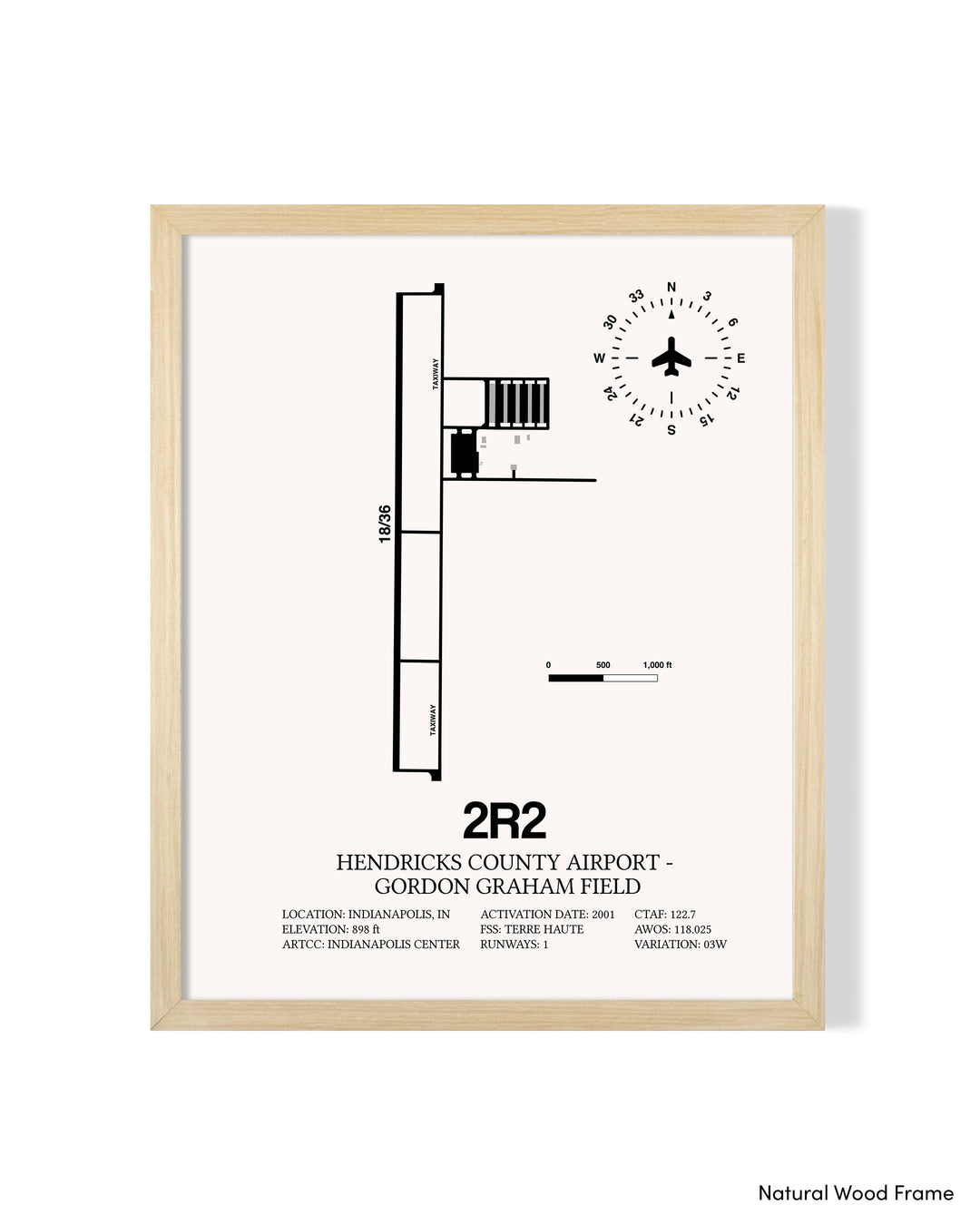 Detailed Airport Map of Hendricks County Airport-Gordon Graham Field (2R2) in White with a Natural Frame