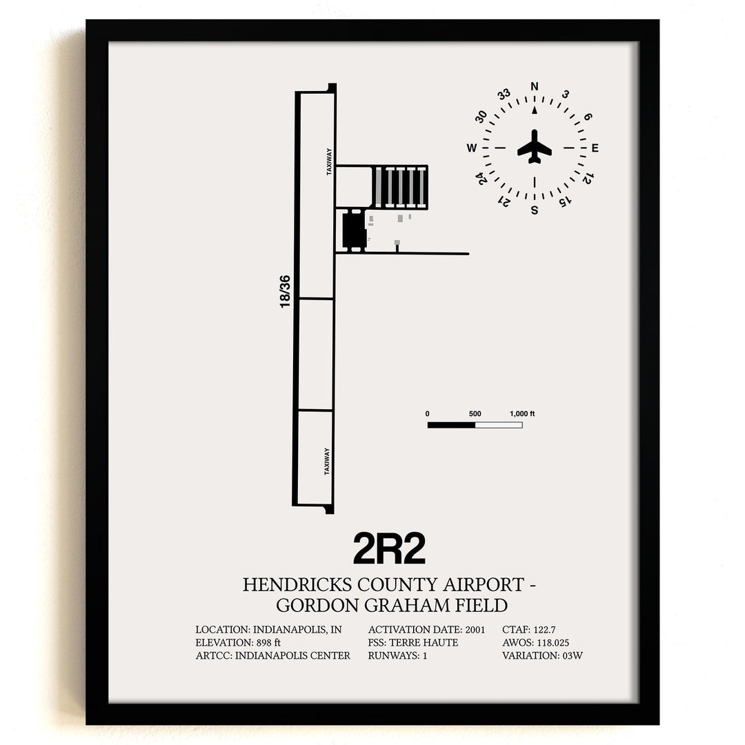 Framed Detailed Airport Map of Hendricks County Airport-Gordon Graham Field (2R2) in White with a Black Frame