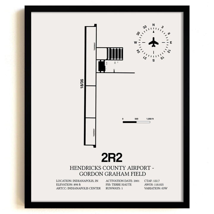 Framed Detailed Airport Map of Hendricks County Airport-Gordon Graham Field (2R2) in White with a Black Frame