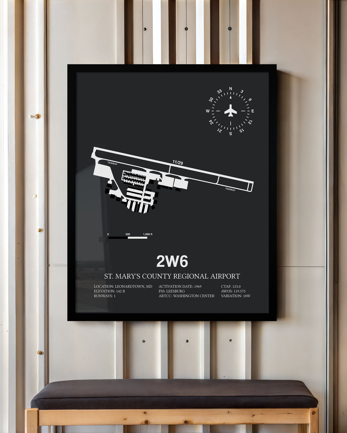 Framed Detailed Airport Map of St. Mary's County Regional Airport (2W6) in Gray with a Black Frame