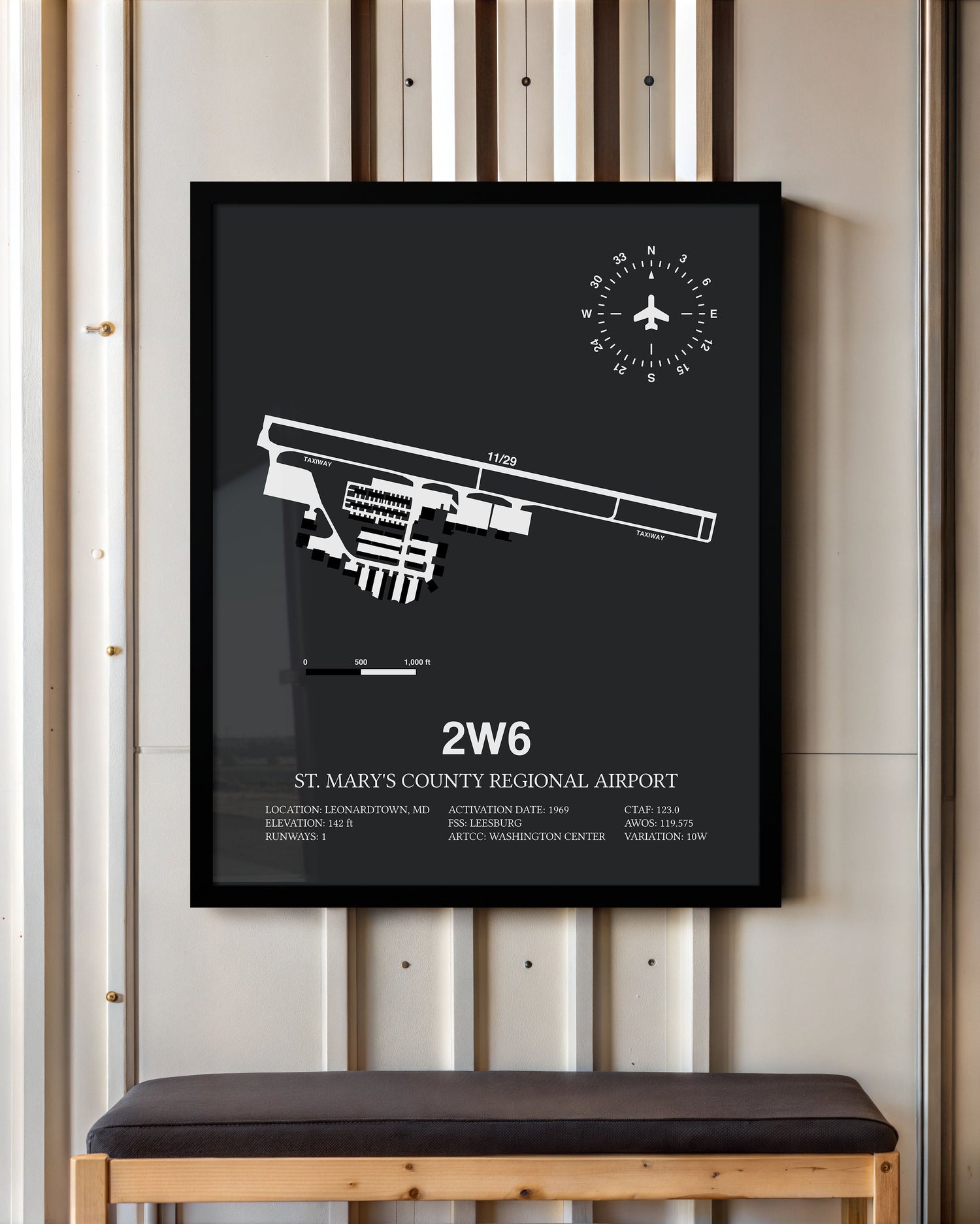 Framed Detailed Airport Map of St. Mary's County Regional Airport (2W6) in Gray with a Black Frame