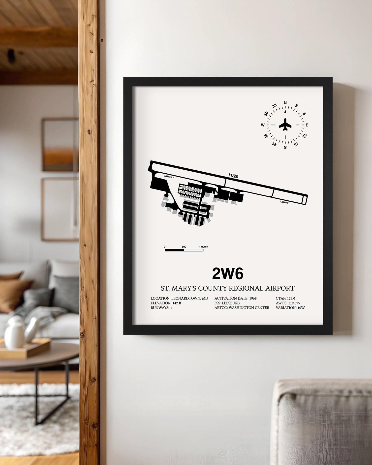 Framed Detailed Airport Map of St. Mary's County Regional Airport (2W6) in White with a Black Frame