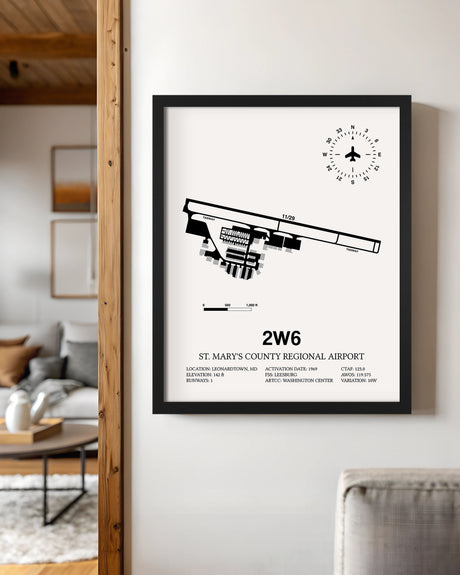 Framed Detailed Airport Map of St. Mary's County Regional Airport (2W6) in White with a Black Frame