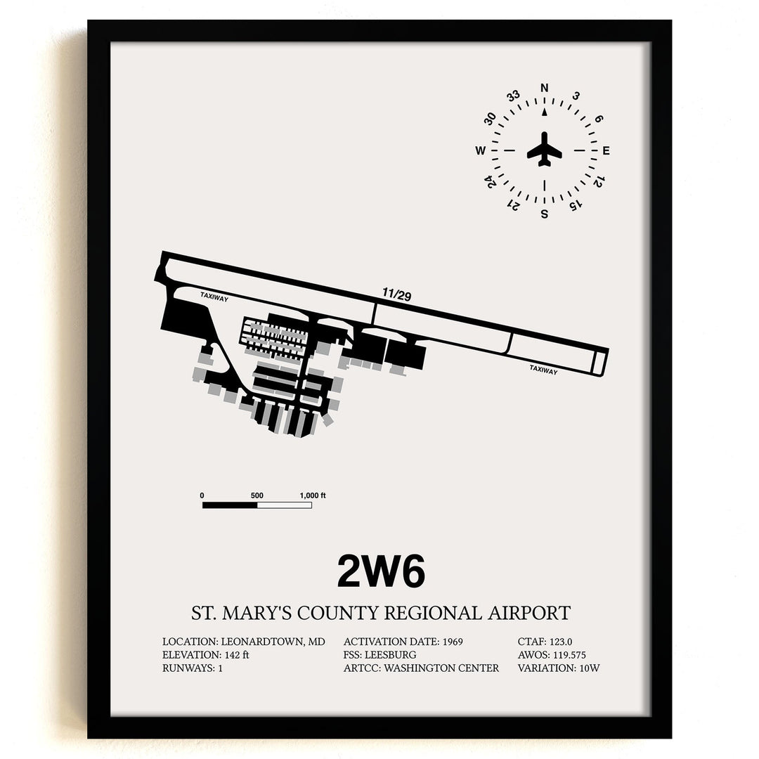 Framed Detailed Airport Map of St. Mary's County Regional Airport (2W6) in White with a Black Frame