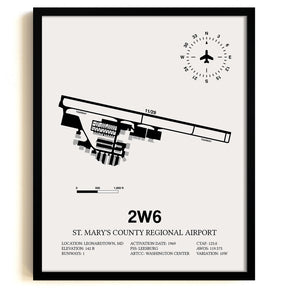 Framed Detailed Airport Map of St. Mary's County Regional Airport (2W6) in White with a Black Frame