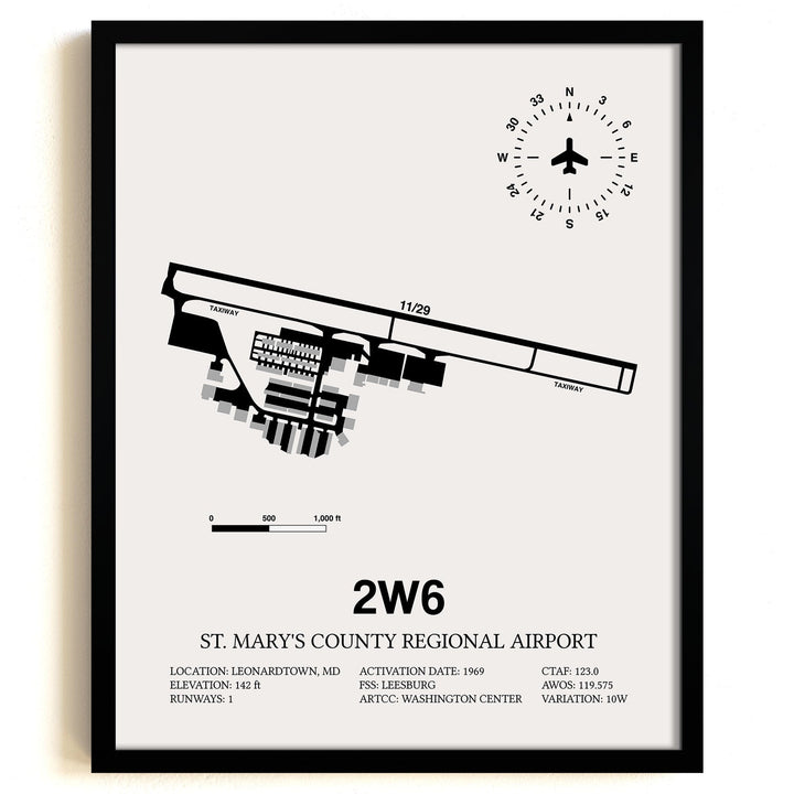 Framed Detailed Airport Map of St. Mary's County Regional Airport (2W6) in White with a Black Frame