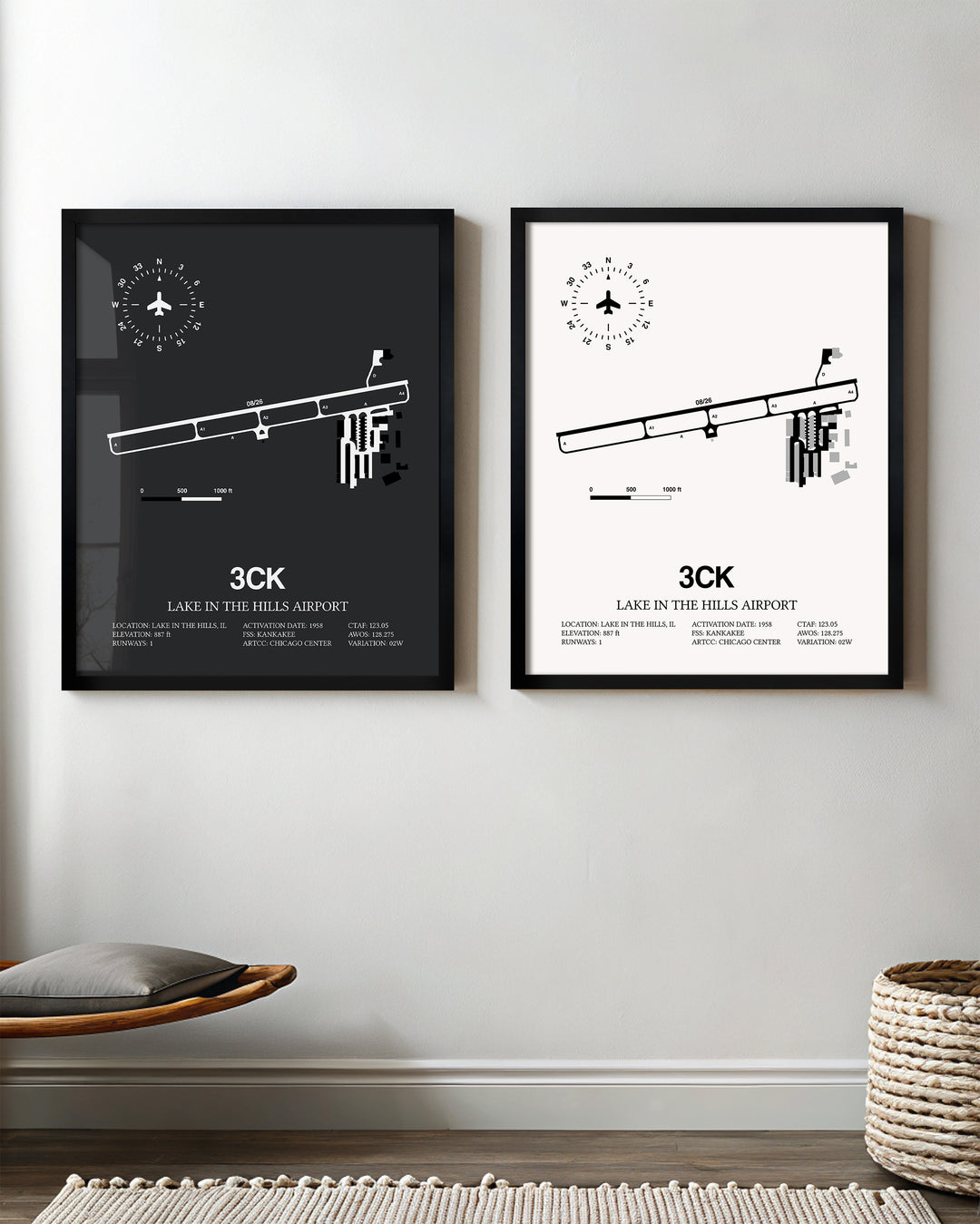Framed Detailed Airport Map of Lake in the Hills Airport (3CK) in White and Gray