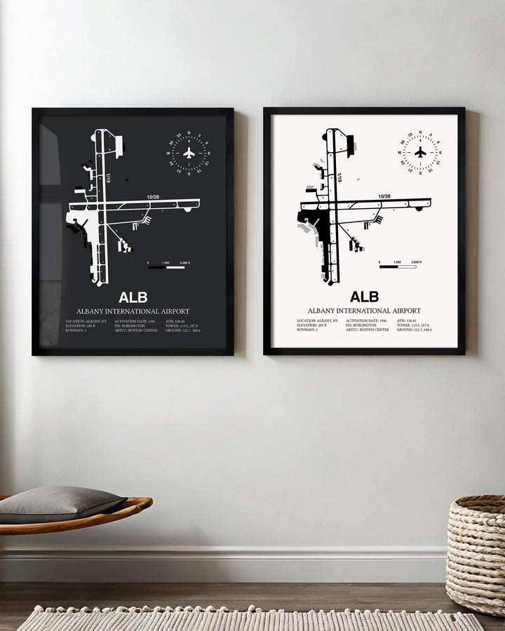 Framed Detailed Airport Map of Albany International Airport (ALB) in White and Gray
