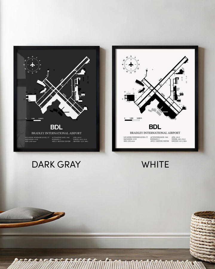 Framed Detailed Airport Map of Bradley International Airport (BDL) in White and Gray