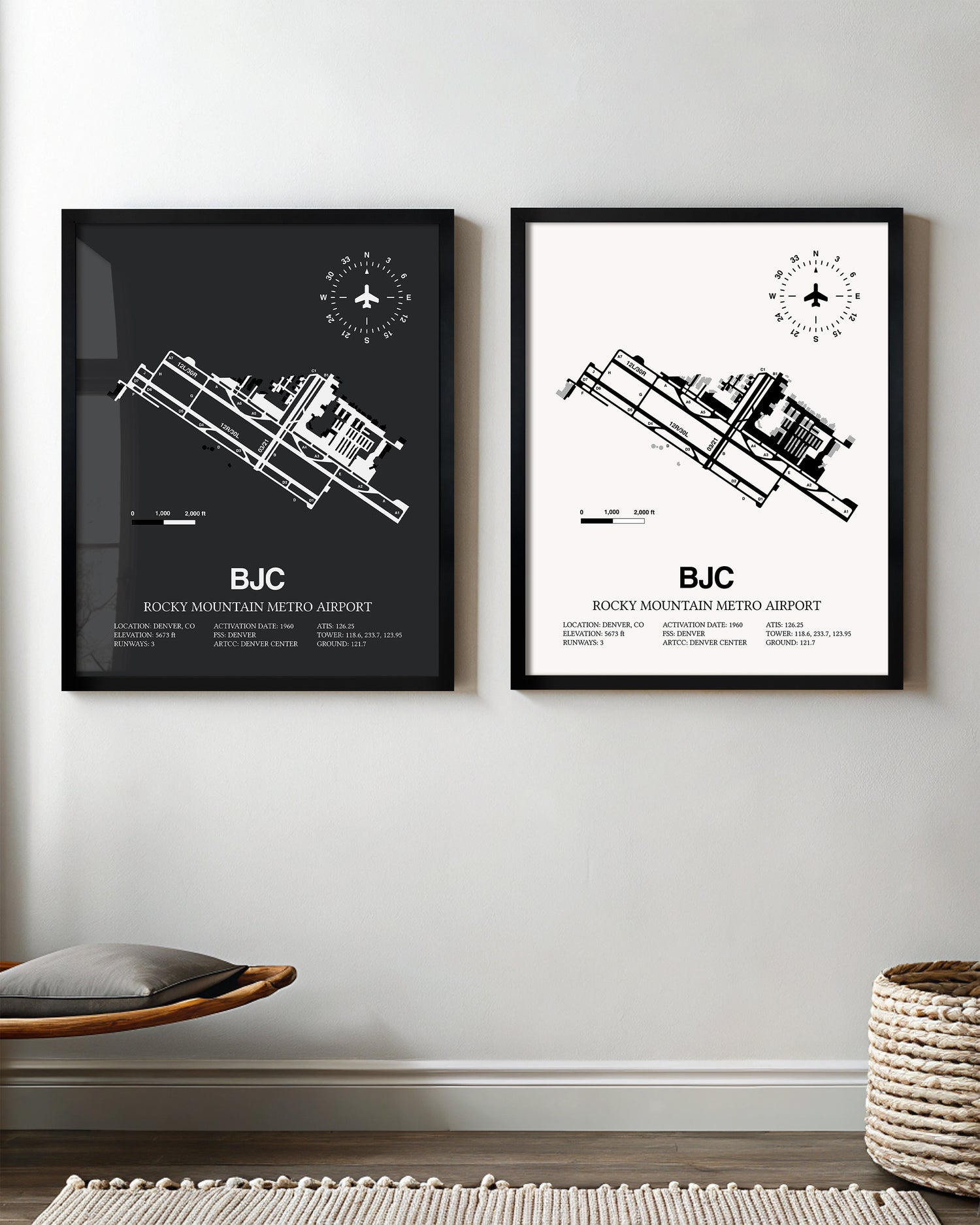 Framed Detailed Airport Map of Rocky Mountain Metro Airport (BJC) in White and Gray