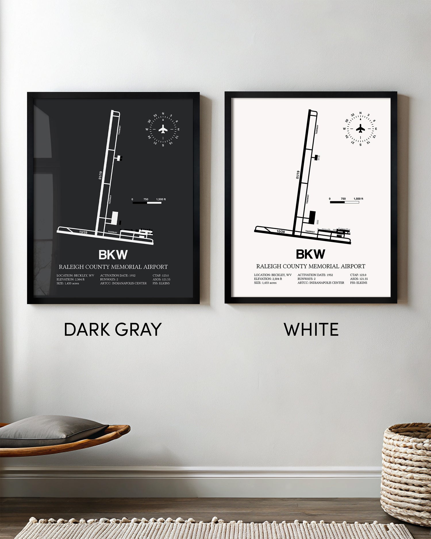 Framed Detailed Airport Map of Raleigh County Memorial Airport (BKW) in White and Gray