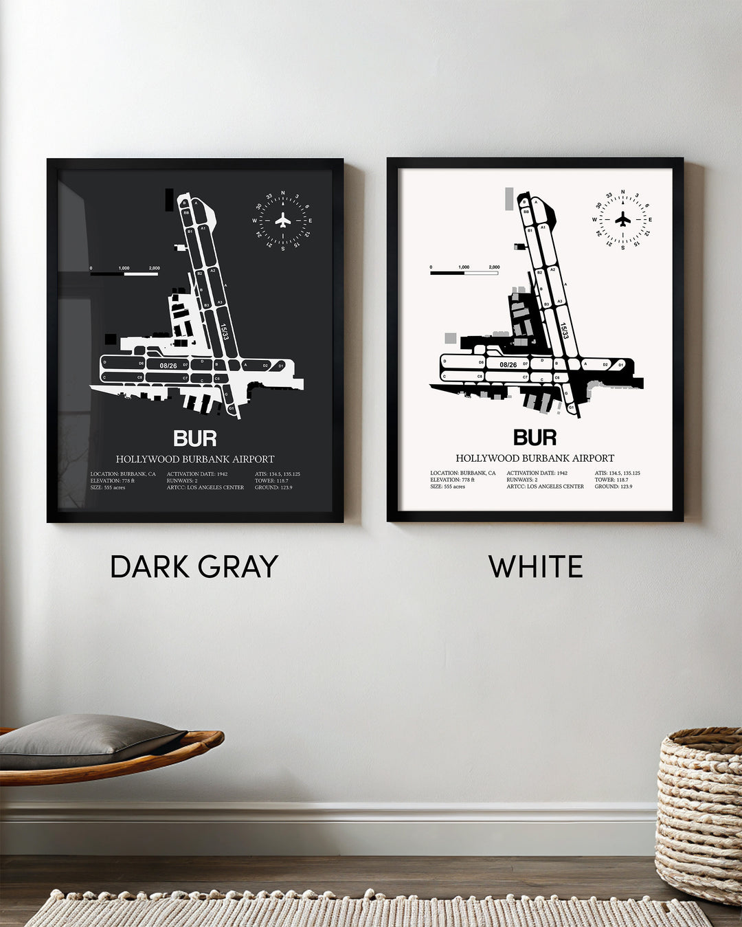 Framed Detailed Airport Map of Hollywood Burbank Airport (BUR) in White and Gray