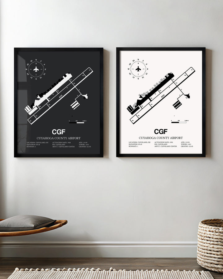 Framed Detailed Airport Map of Cuyahoga County Airport (CGF) in White and Gray
