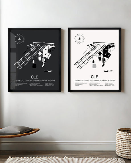 Framed Detailed Airport Map of Cleveland Hopkins International Airport (CLE) in White and Gray