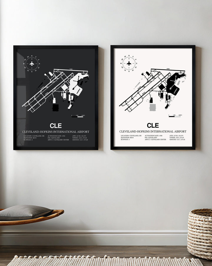 Framed Detailed Airport Map of Cleveland Hopkins International Airport (CLE) in White and Gray