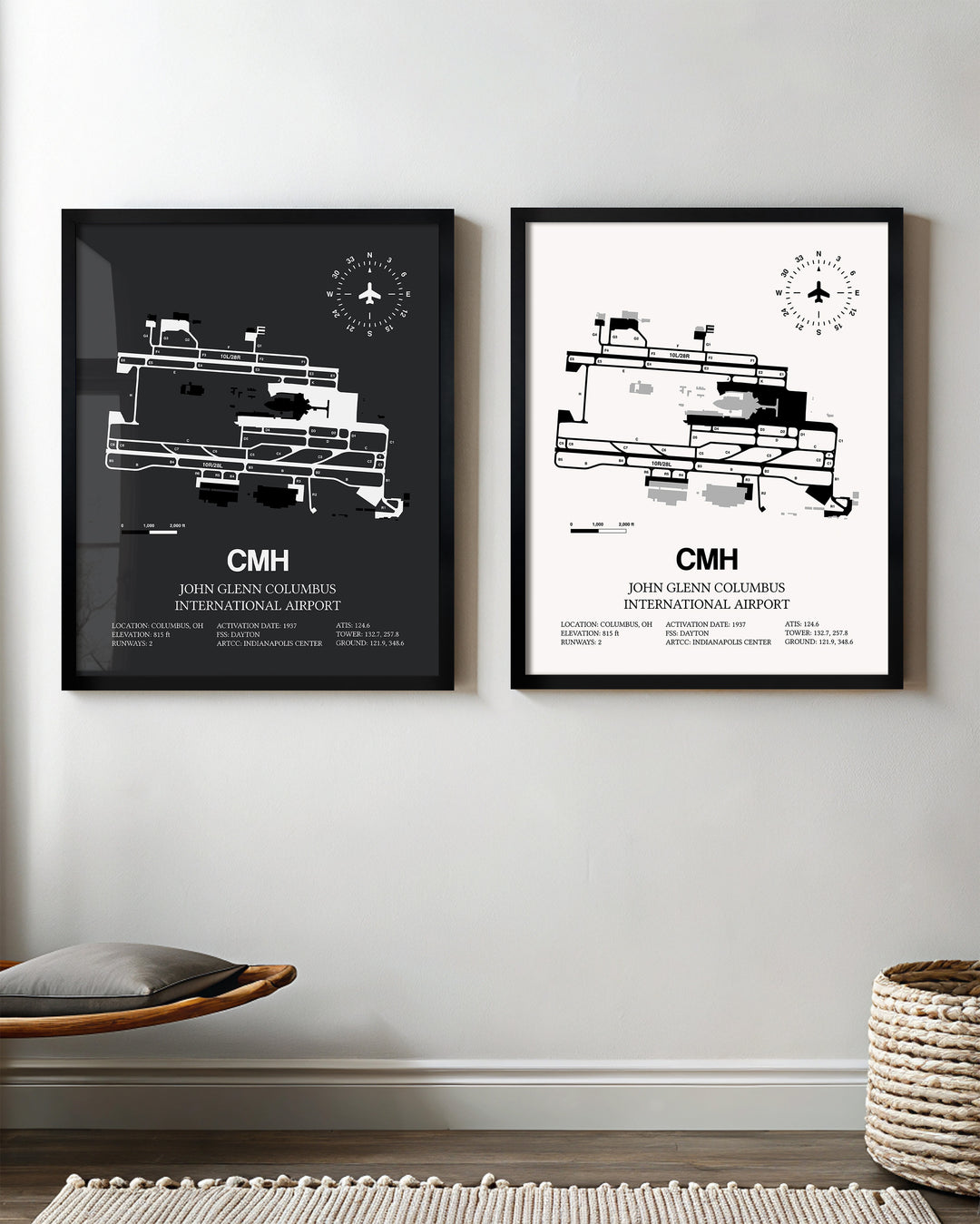 Framed Detailed Airport Map of John Glenn Columbus International Airport (CMH) in White and Gray