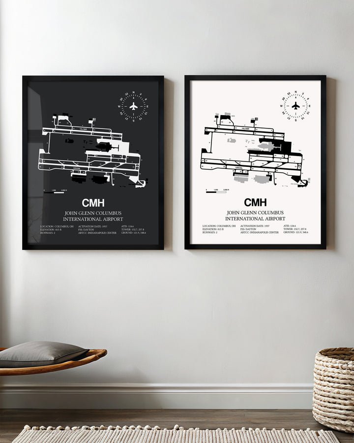 Framed Detailed Airport Map of John Glenn Columbus International Airport (CMH) in White and Gray