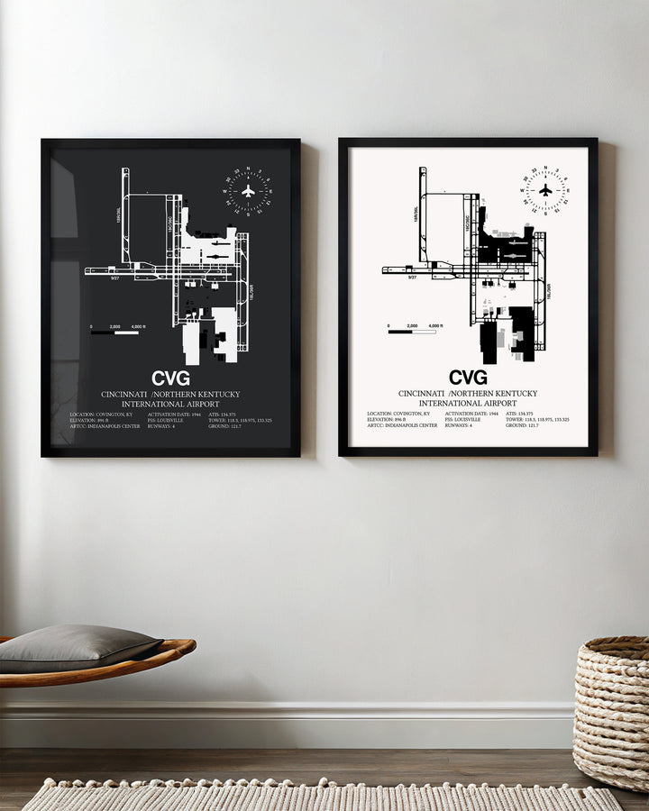 Framed Detailed Airport Map of Cincinnati /Northern Kentucky International Airport (CVG) in White and Gray