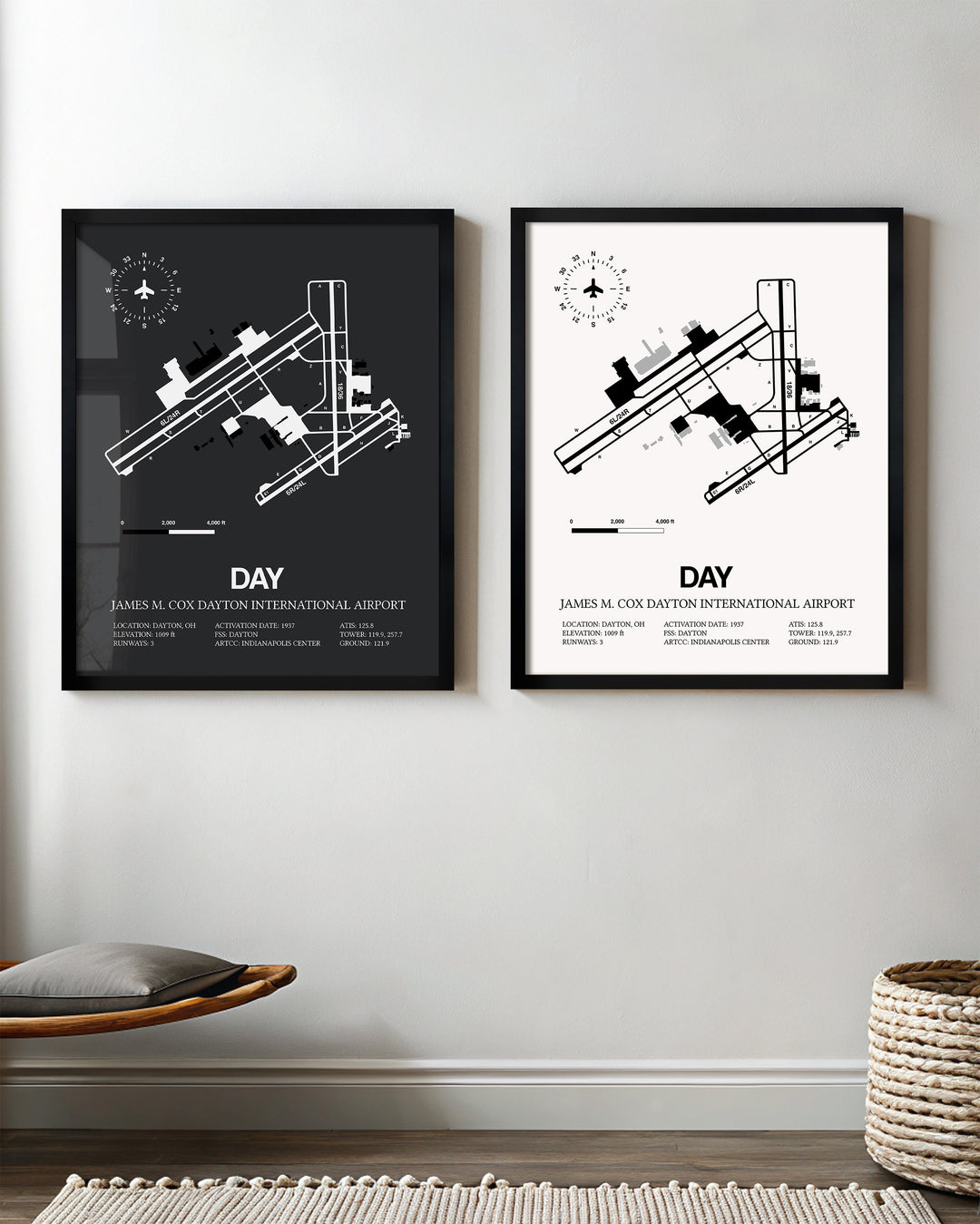 Framed Detailed Airport Map of James M. Cox Dayton International Airport (DAY) in White and Gray