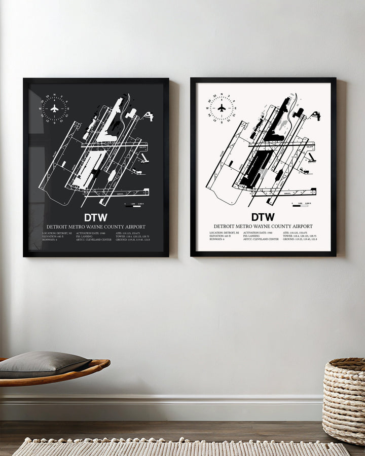 Framed Detailed Airport Map of Detroit Metropolitan Wayne County Airport (DTW) in White and Gray