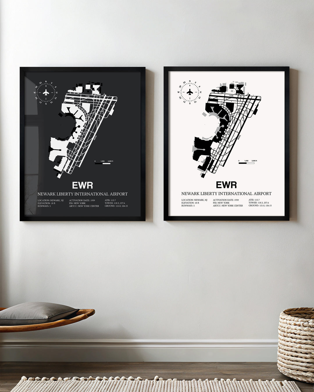 Framed Detailed Airport Map of Newark Liberty International Airport (EWR) in White and Gray