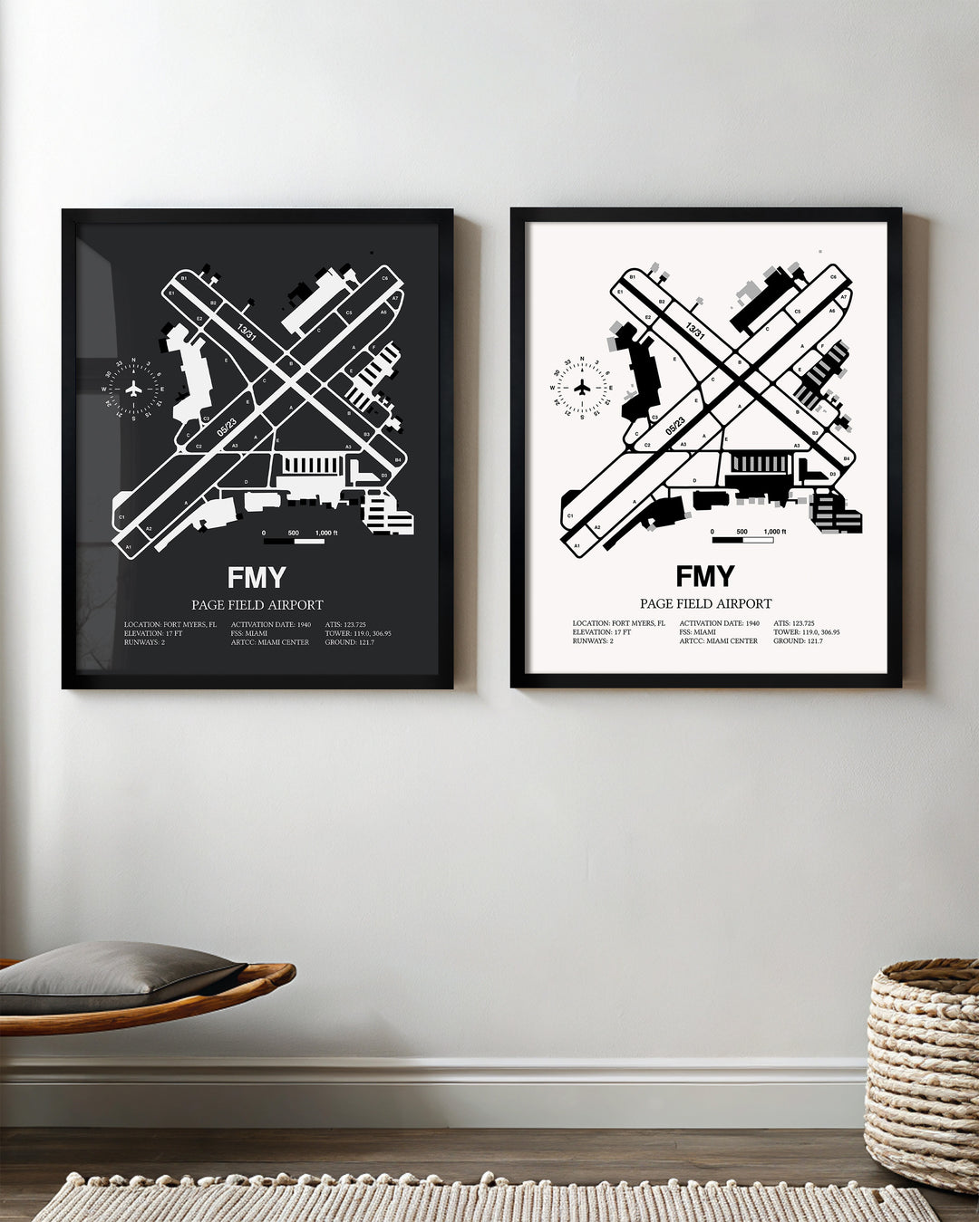 Framed Detailed Airport Map of Page Field (FMY) in White and Gray