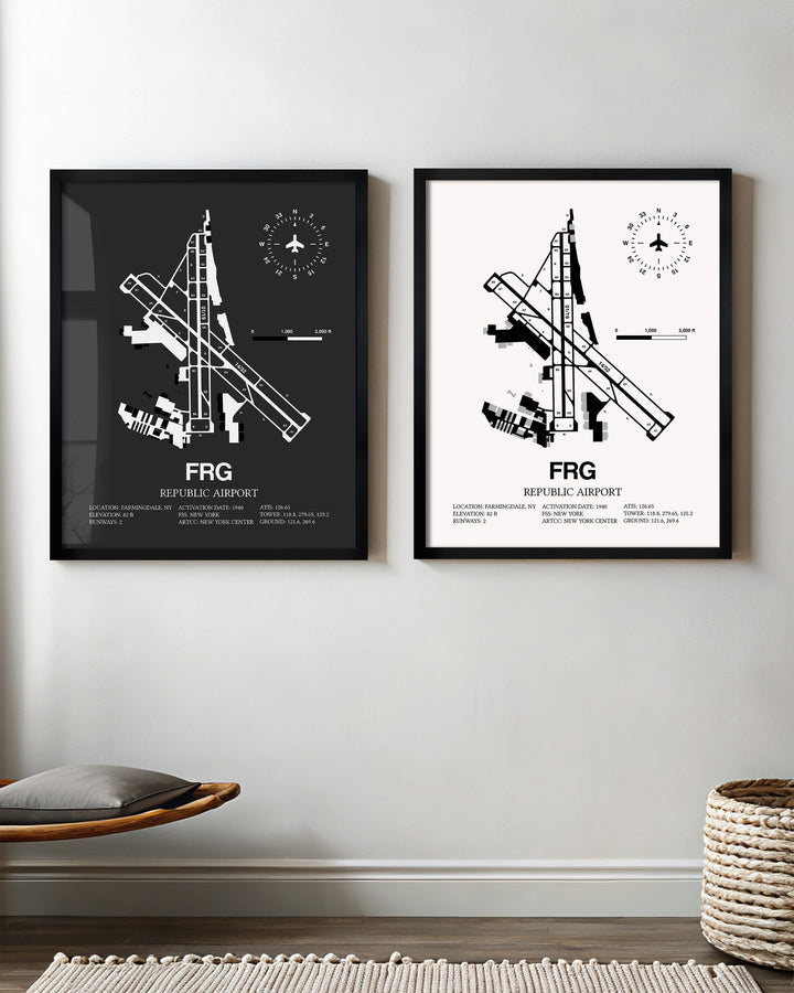 Framed Detailed Airport Map of Republic Airport (FRG) in White and Gray