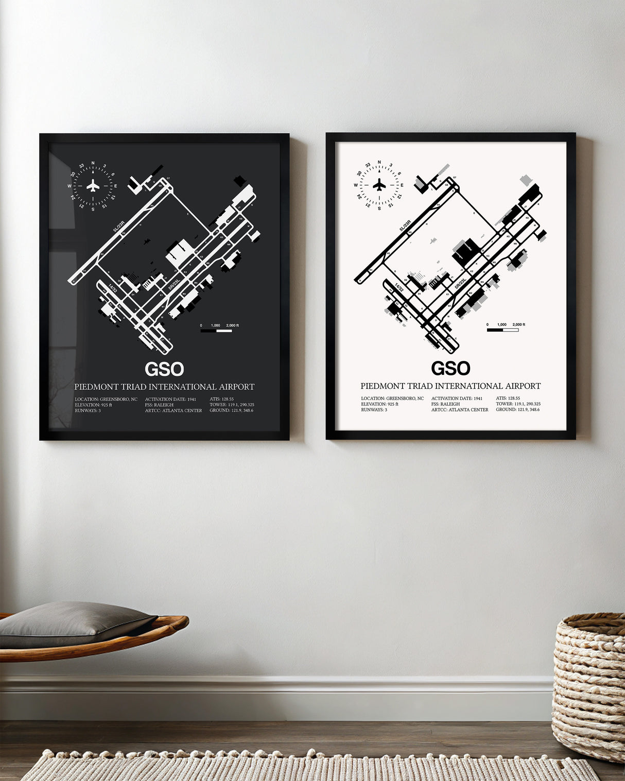 Framed Detailed Airport Map of Piedmont Triad International Airport (GSO) in White and Gray