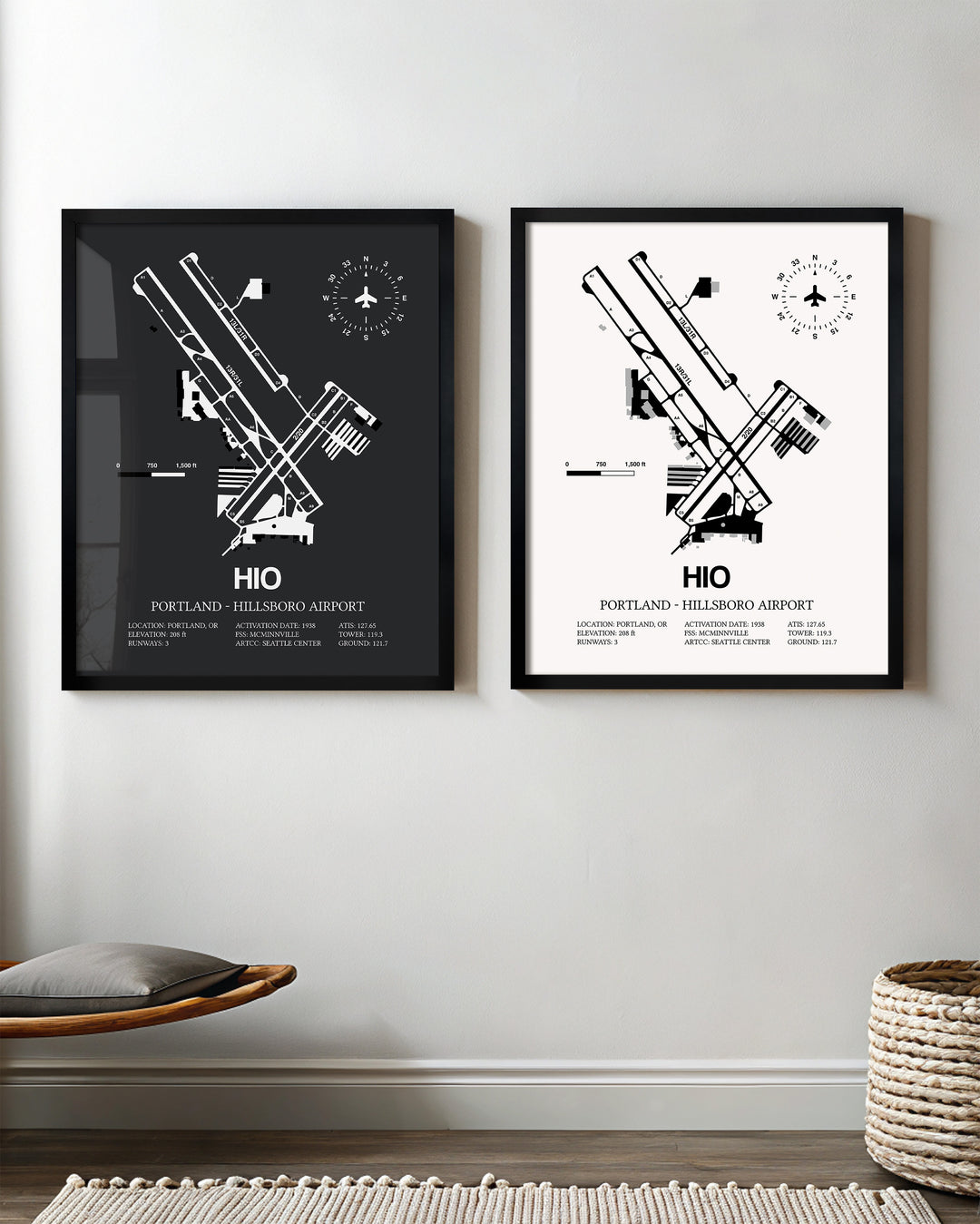 Framed Detailed Airport Map of Portland - Hillsboro Airport (HIO) in White and Gray