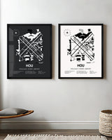 Framed Detailed Airport Map of William P. Hobby Airport (HOU) in White and Gray