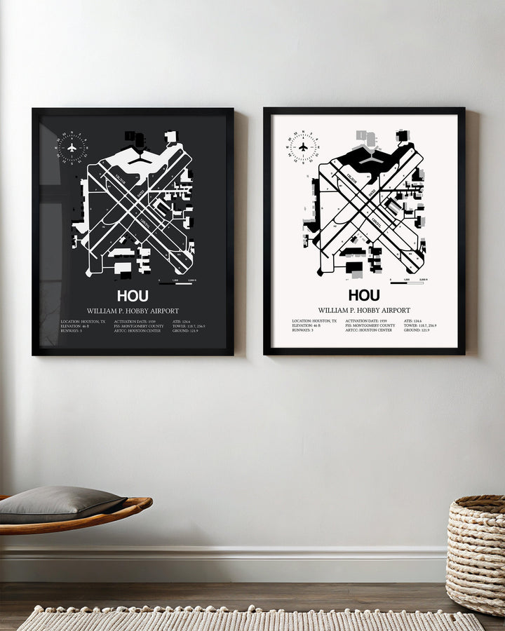 Framed Detailed Airport Map of William P. Hobby Airport (HOU) in White and Gray