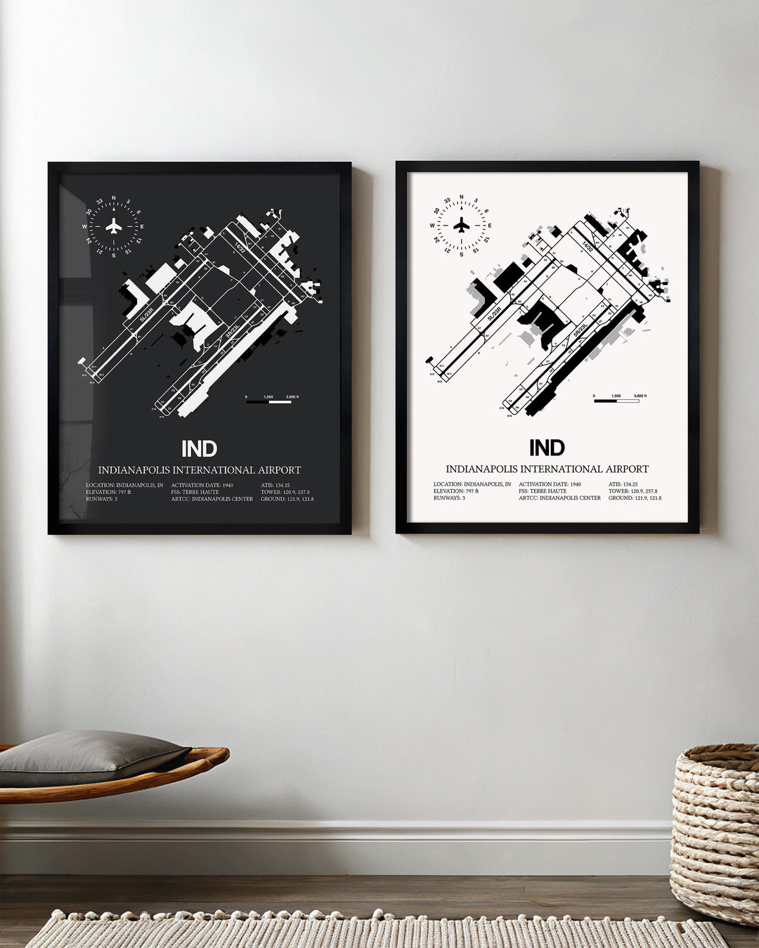 Framed Detailed Airport Map of Indianapolis International Airport (IND) in White and Gray