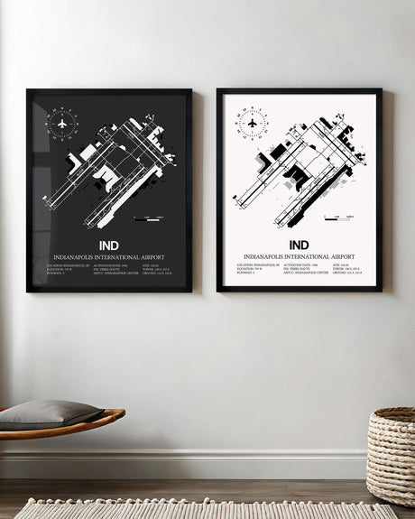 Framed Detailed Airport Map of Indianapolis International Airport (IND) in White and Gray
