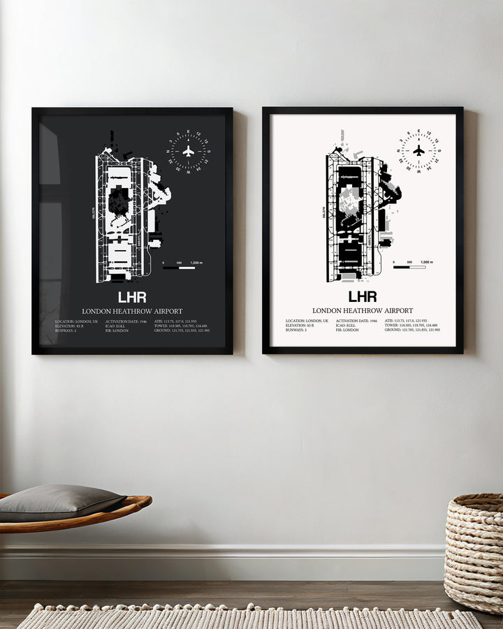 Framed Detailed Airport Map of London Heathrow Airport (LHR) in White and Gray