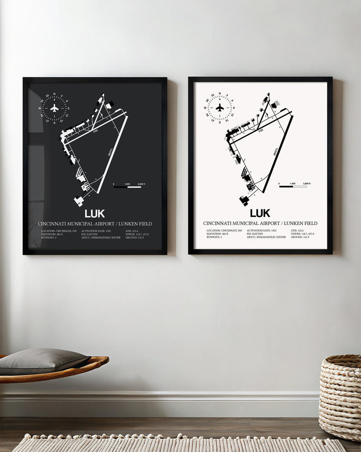 Framed Detailed Airport Map of Cincinnati Municipal Airport Lunken Field (LUK) in White and Gray