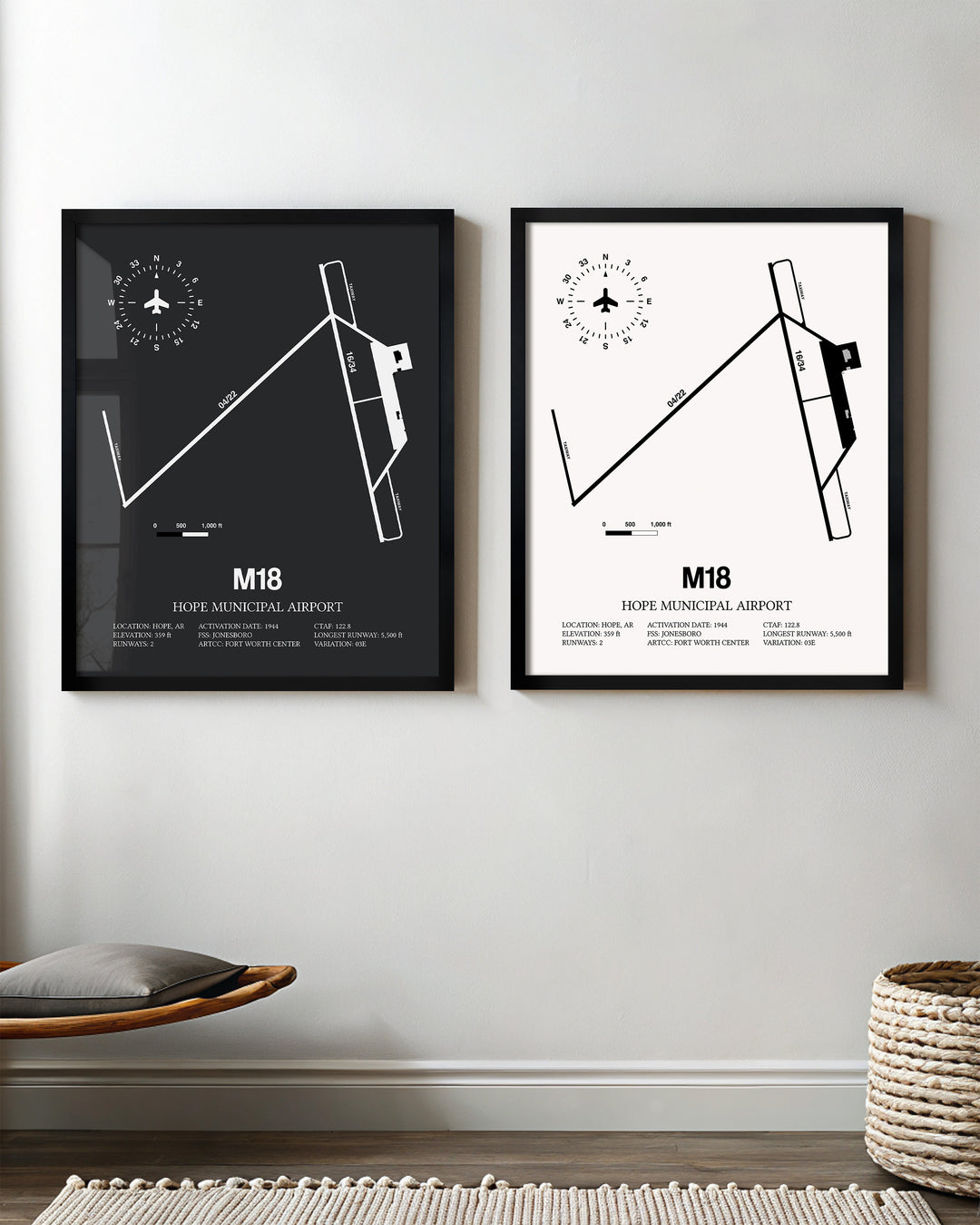 Framed Detailed Airport Map of Hope Municipal Airport (M18) in White and Gray