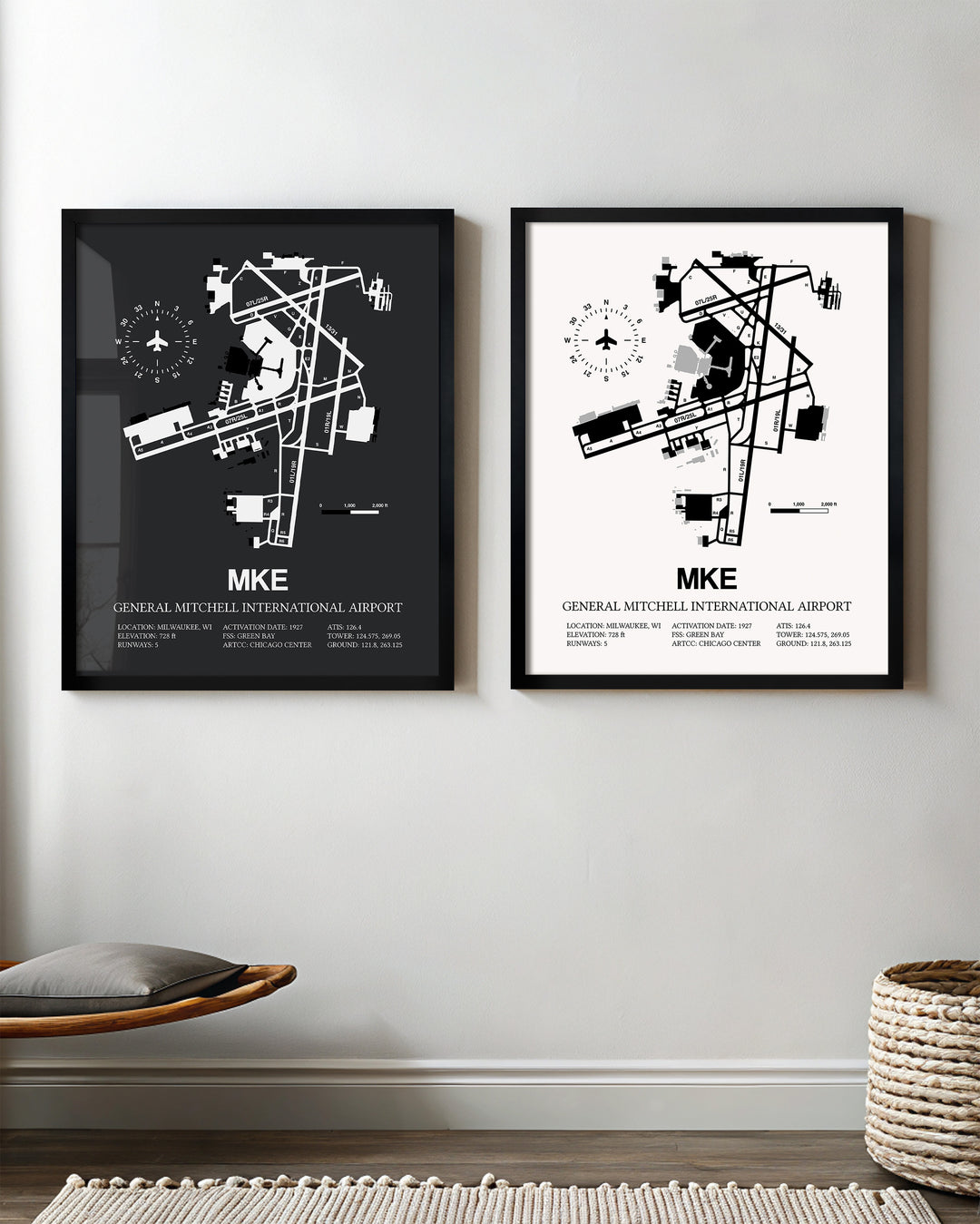 Framed Detailed Airport Map of General Mitchell International Airport (MKE) in White and Gray
