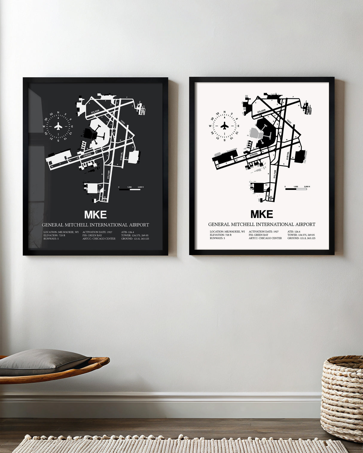Framed Detailed Airport Map of General Mitchell International Airport (MKE) in White and Gray