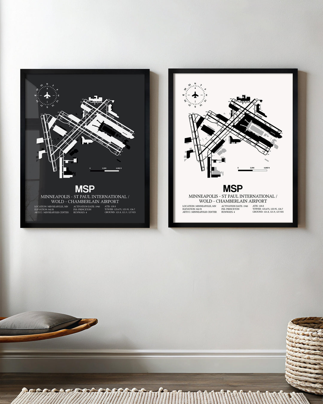 Framed Detailed Airport Map of Minneapolis-St Paul International/Wold-Chamberlain Airport (MSP) in White and Gray
