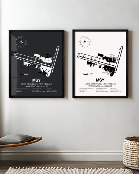 Framed Detailed Airport Map of Louis Armstrong New Orleans International Airport (MSY) in White and Gray