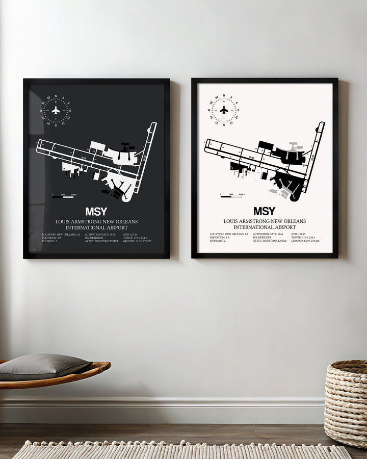 Framed Detailed Airport Map of Louis Armstrong New Orleans International Airport (MSY) in White and Gray