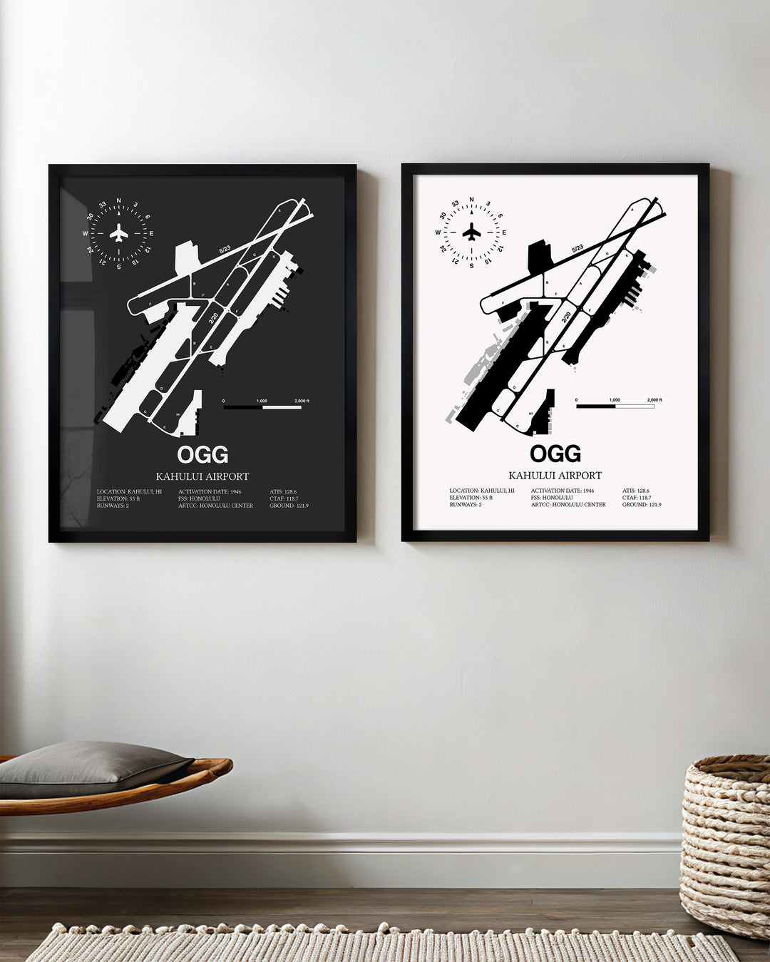 Framed Detailed Airport Map of Kahului Airport (OGG) in White and Gray