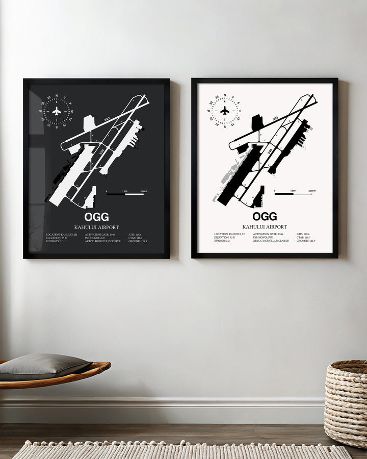 Framed Detailed Airport Map of Kahului Airport (OGG) in White and Gray