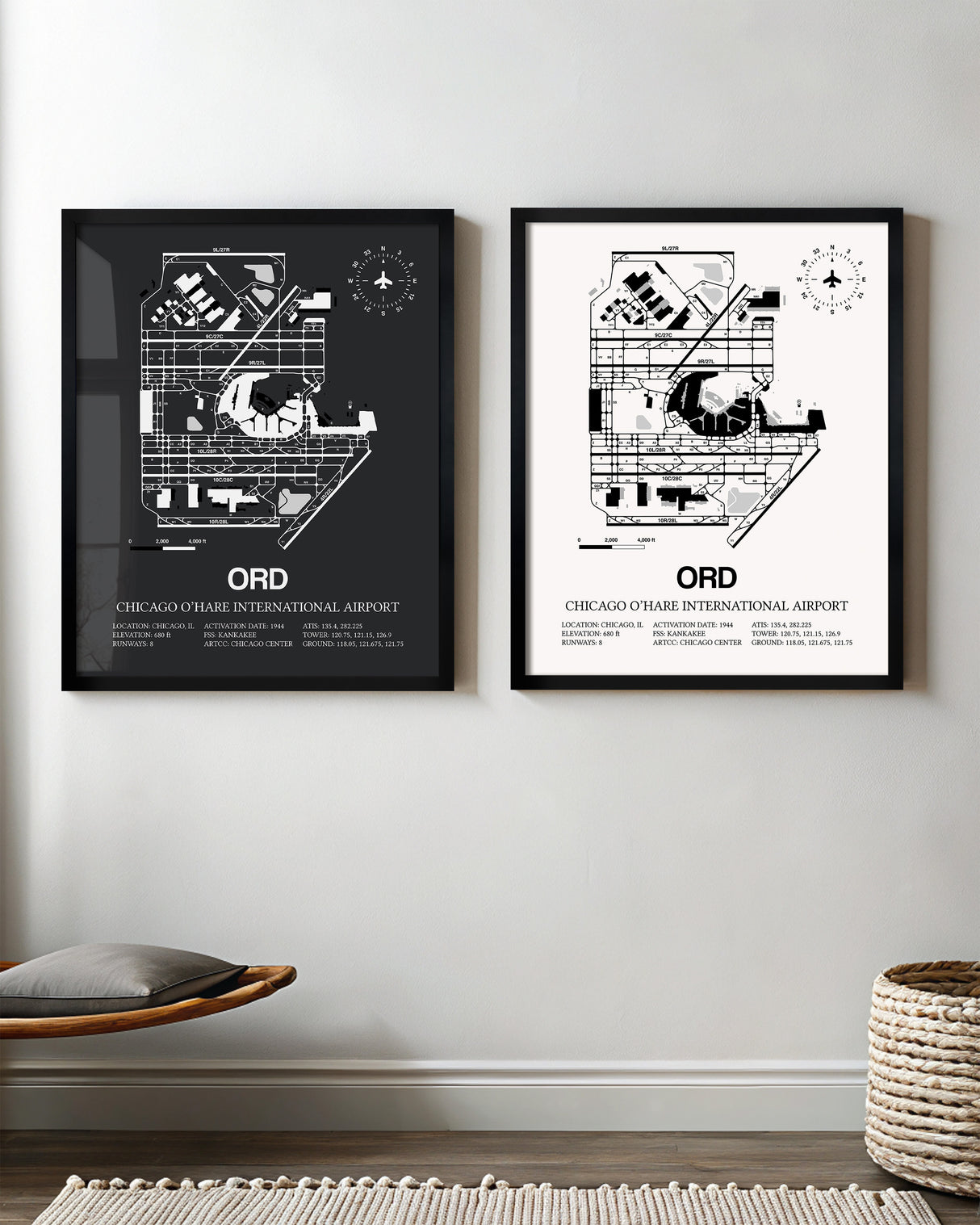 Framed Detailed Airport Map of Chicago O'Hare International Airport (ORD) in White and Gray