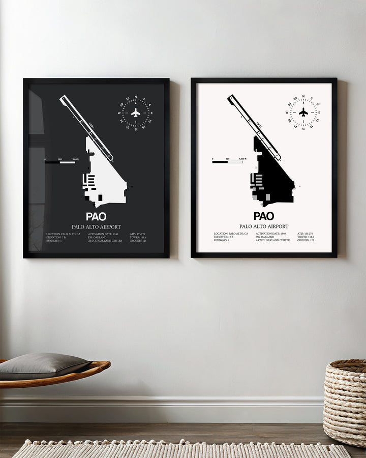 Framed Detailed Airport Map of Palo Alto Airport (PAO) in White and Gray