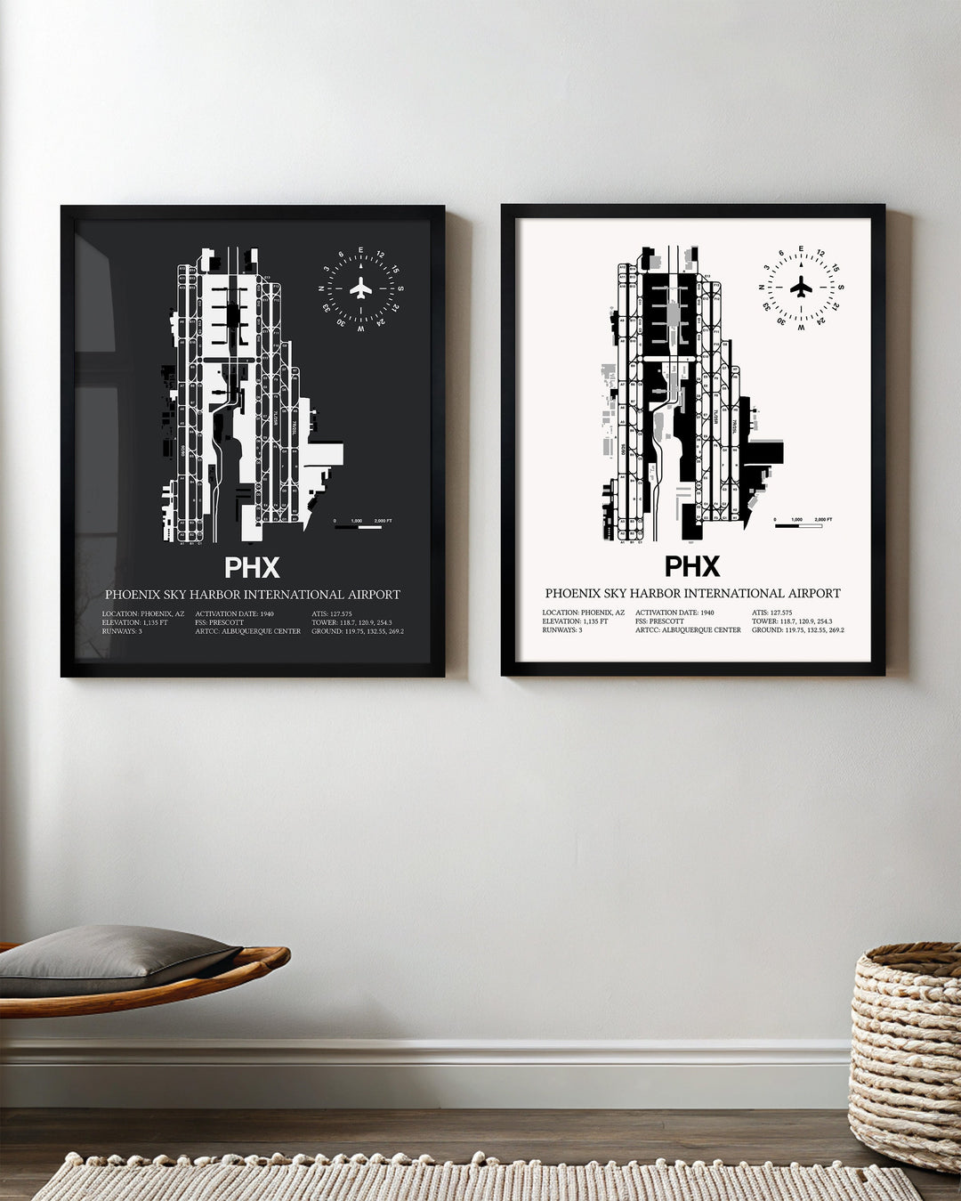Framed Detailed Airport Map of Phoenix Sky Harbor International Airport (PHX) in White and Gray