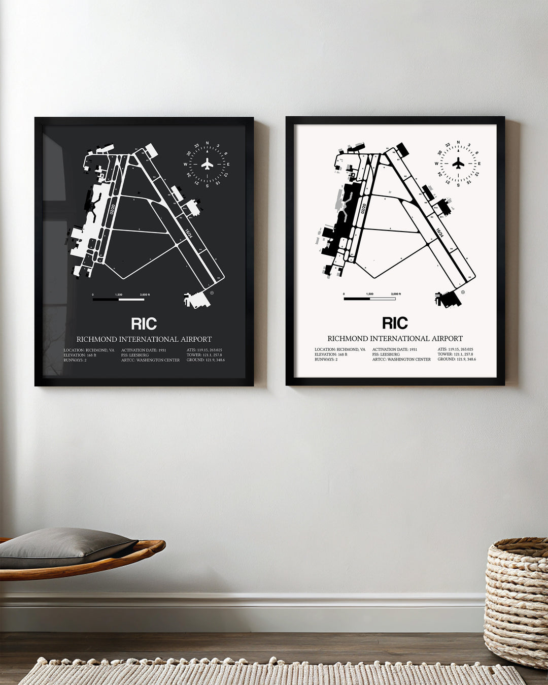 Framed Detailed Airport Map of Richmond International Airport (RIC) in White and Gray
