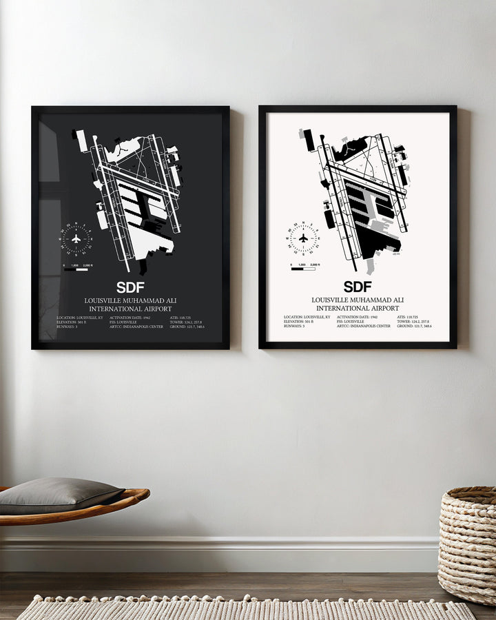 Framed Detailed Airport Map of Louisville Muhammad Ali International Airport (SDF) in White and Gray